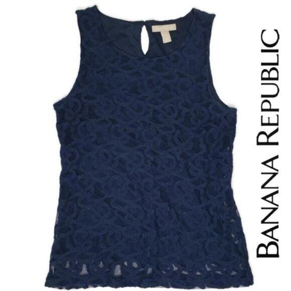 Banana Republic Women Navy Lace Sleeveless Top Sz S Keyhole Back business casual - Picture 1 of 3